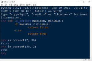 Python. Как правильно написать функцию is_correct(maximum, minimum) - см.?