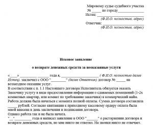 Как составить образец иска на возврат денег за неоказанные услуги?