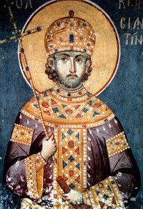 В каком году царь Константин, сын Льва крестил Ольгу?