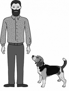 Как решить: На рисунке хозяин и собака, от земли до макушки собаки 55 см?